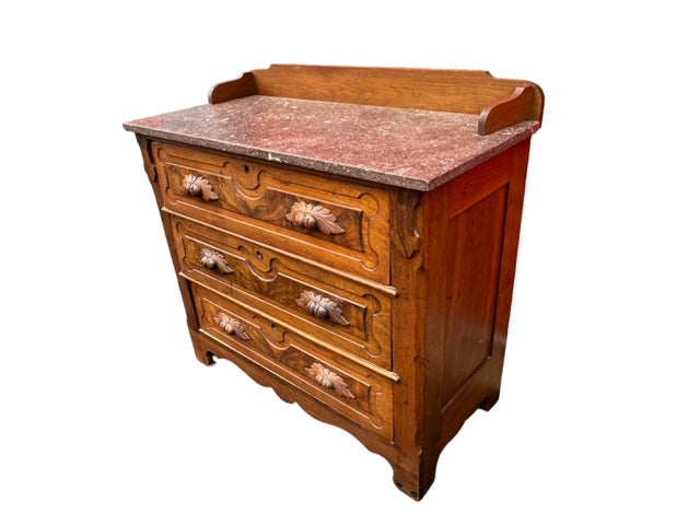 Walnut Victorian Marble Top Ornate 1880's Carved Wood 3 Drawer Dresser JD235-1