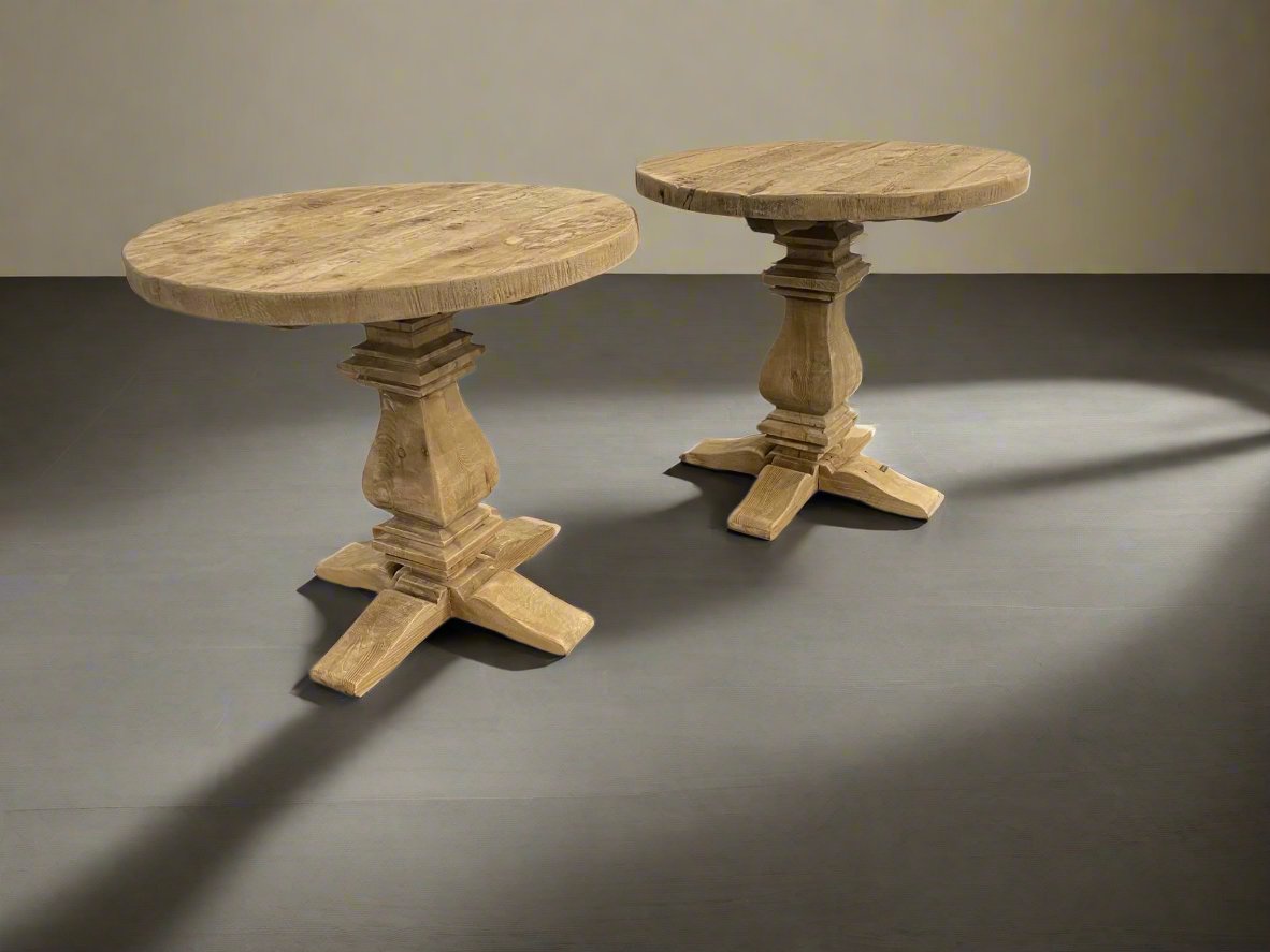 Pair Rustic Farm Round Oak End Tables SM216-1