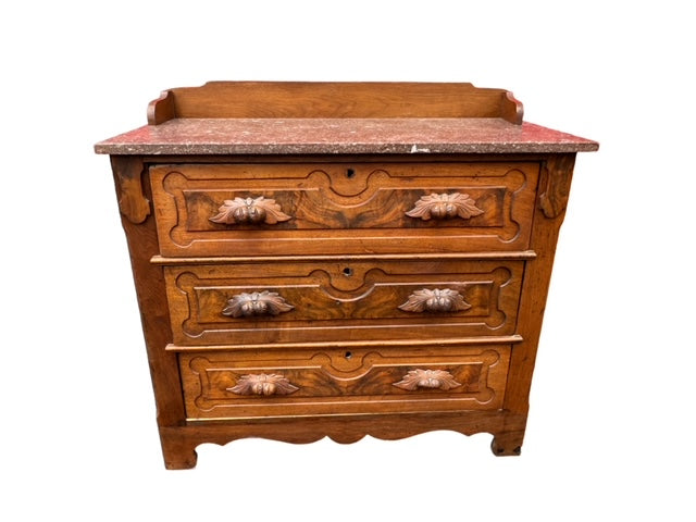 Walnut Victorian Marble Top Ornate 1880's Carved Wood 3 Drawer Dresser JD235-1