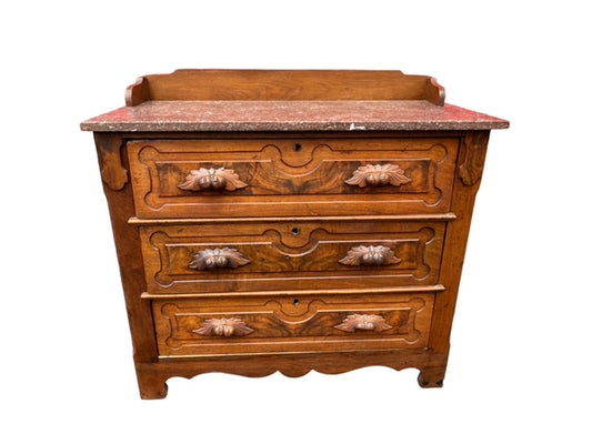 1880's Walnut Victorian Marble Top Ornate Carved Wood 3 Drawer Dresser JD235-1