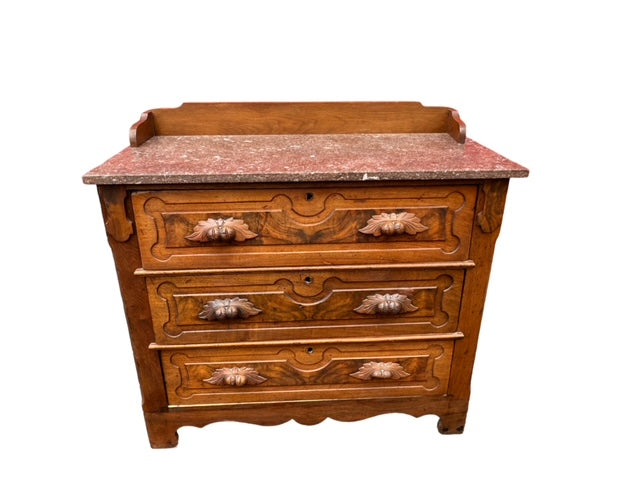 Walnut Victorian Marble Top Ornate 1880's Carved Wood 3 Drawer Dresser JD235-1