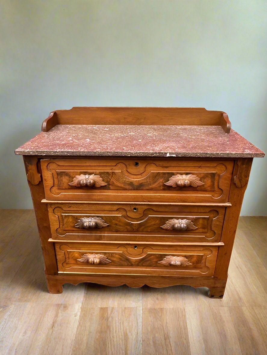 Walnut Victorian Marble Top Ornate 1880's Carved Wood 3 Drawer Dresser JD235-1
