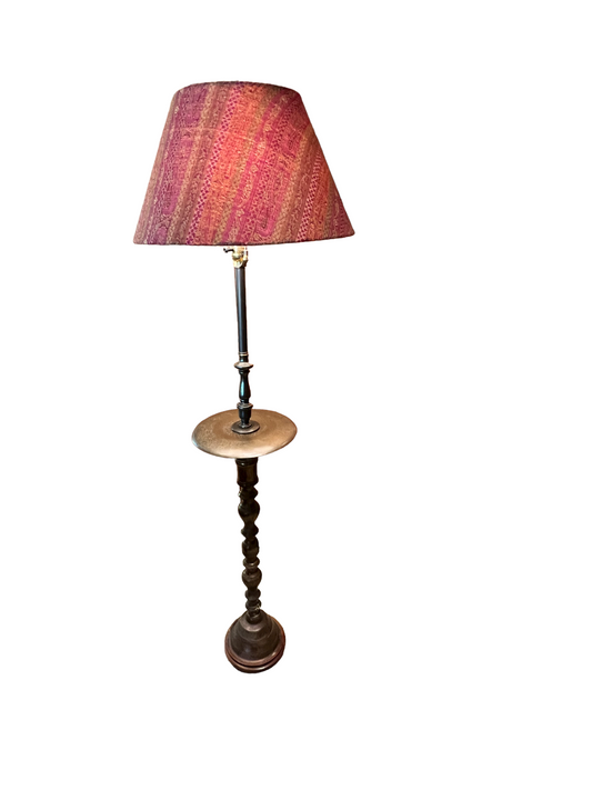 Embossed Pedestal Brass Floor Lamp w Center Table PD138-3