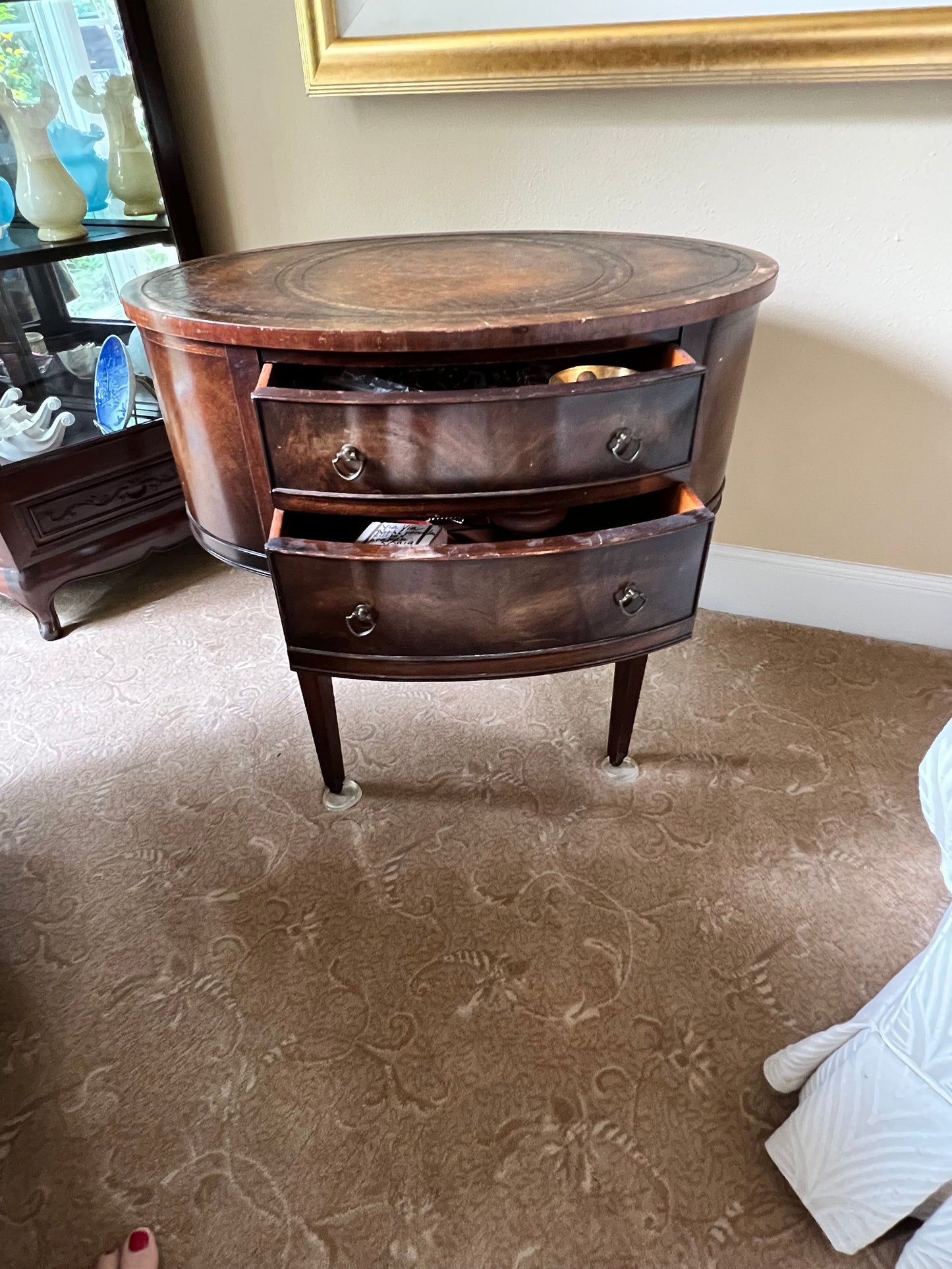 Vintage 2 Drawer Oval Chiffoniere Leather Top Wood Side Table PD138-18