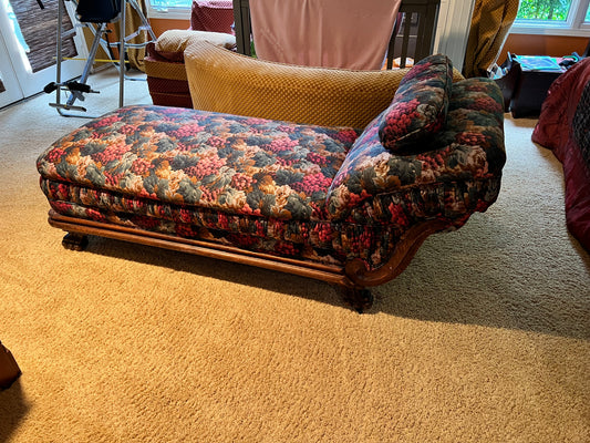 Antique Carved Wood Frame Chaise Lounge Floral Upholstery PD138-36