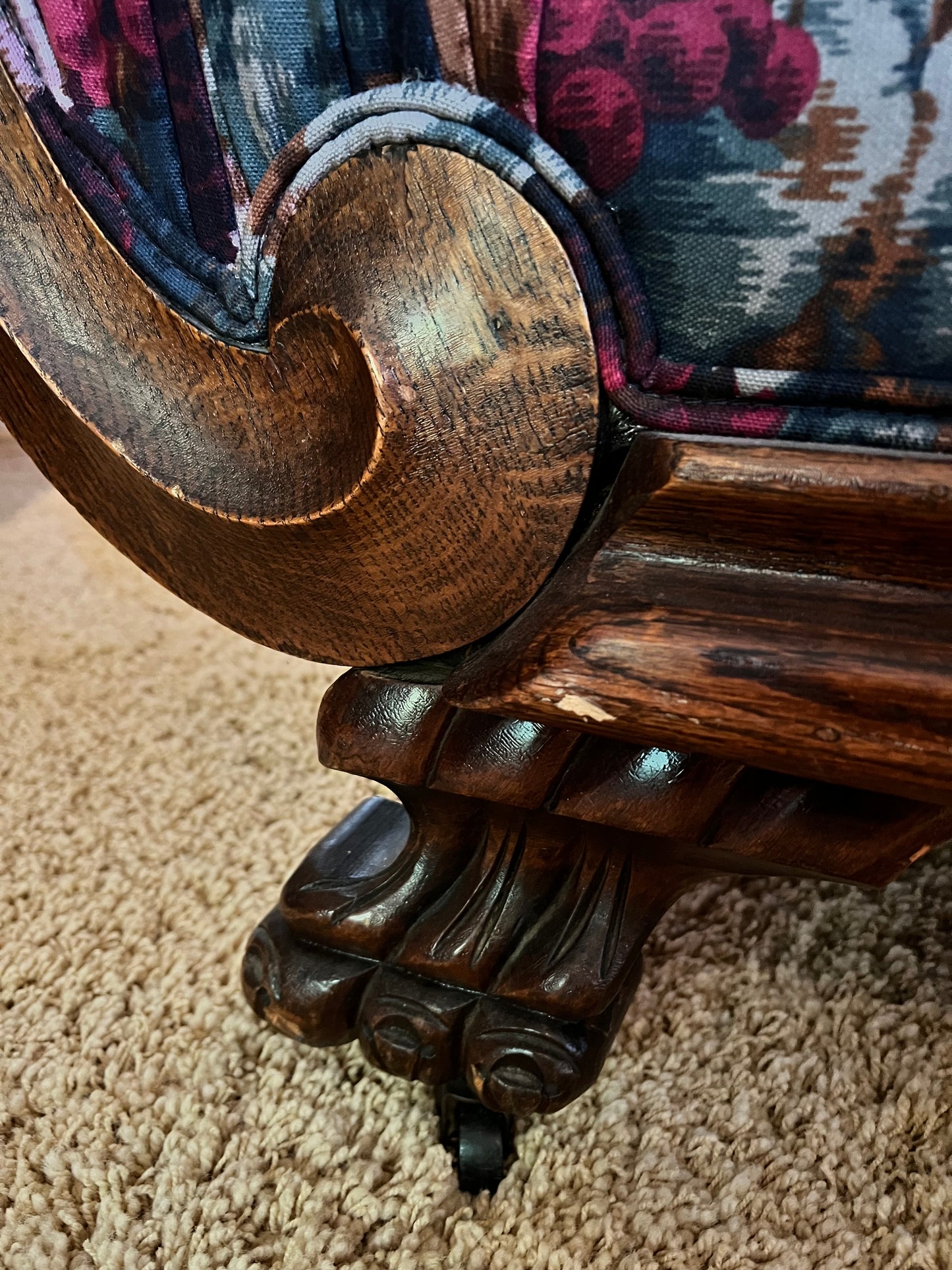 Antique Carved Wood Frame Chaise Lounge Floral Upholstery PD138-36