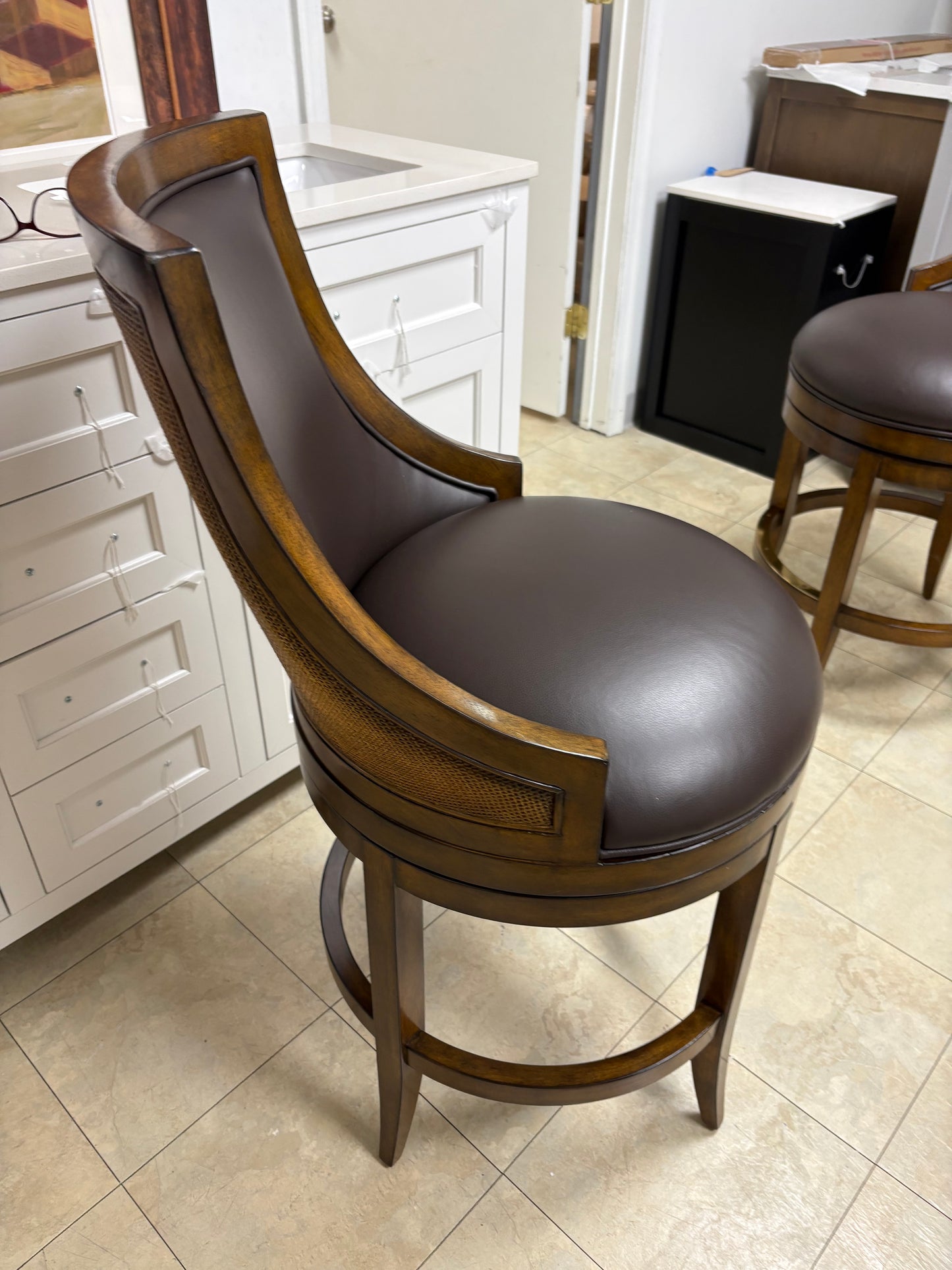 Pair (2) Woodbridge Furniture Redding Cane Back Swivel Bar & Counter Stools FFE-1212
