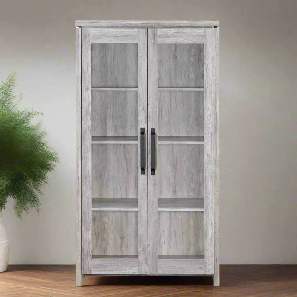 Tall Curio Bookcase Cabinet Grey Driftwood Alejo 2-door FFE258-79 ...