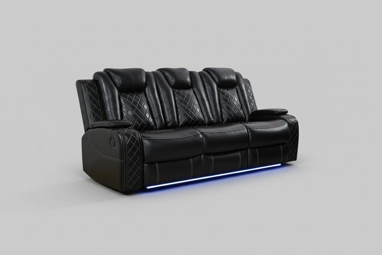 Vegan Black Leather Power Reclining Living Room 3 seat Sofa FFE-1235