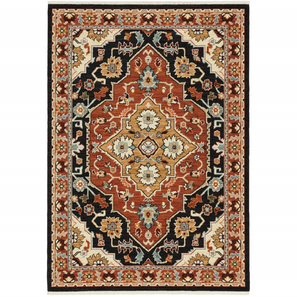 HomeRoots Black Orange Beige Oriental Stain Resistant Area Rug FFE258-342