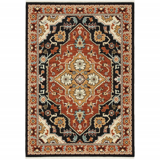 HomeRoots Black Orange Beige Oriental Stain Resistant Area Rug FFE258-342