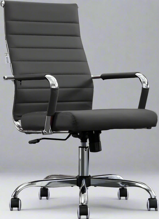 Home Office Chair Ribbed Modern Leather Ergonomic Office Desk Chair High Back Executive Adjustable Swivel w Arms (Black)FFE-810