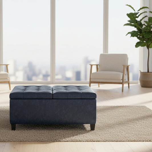 Harrison 36" W Storage Ottoman in Distressed Blue Vegan Leather FFW258-654