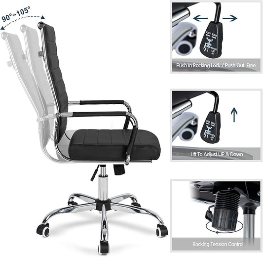 Home Office Chair Ribbed Modern Leather Ergonomic Office Desk Chair High Back Executive Adjustable Swivel w Arms (Black)FFE-810