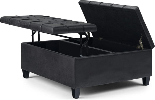 Harrison 36" W Storage Ottoman in Distressed Black Vegan Leather FFW258-673