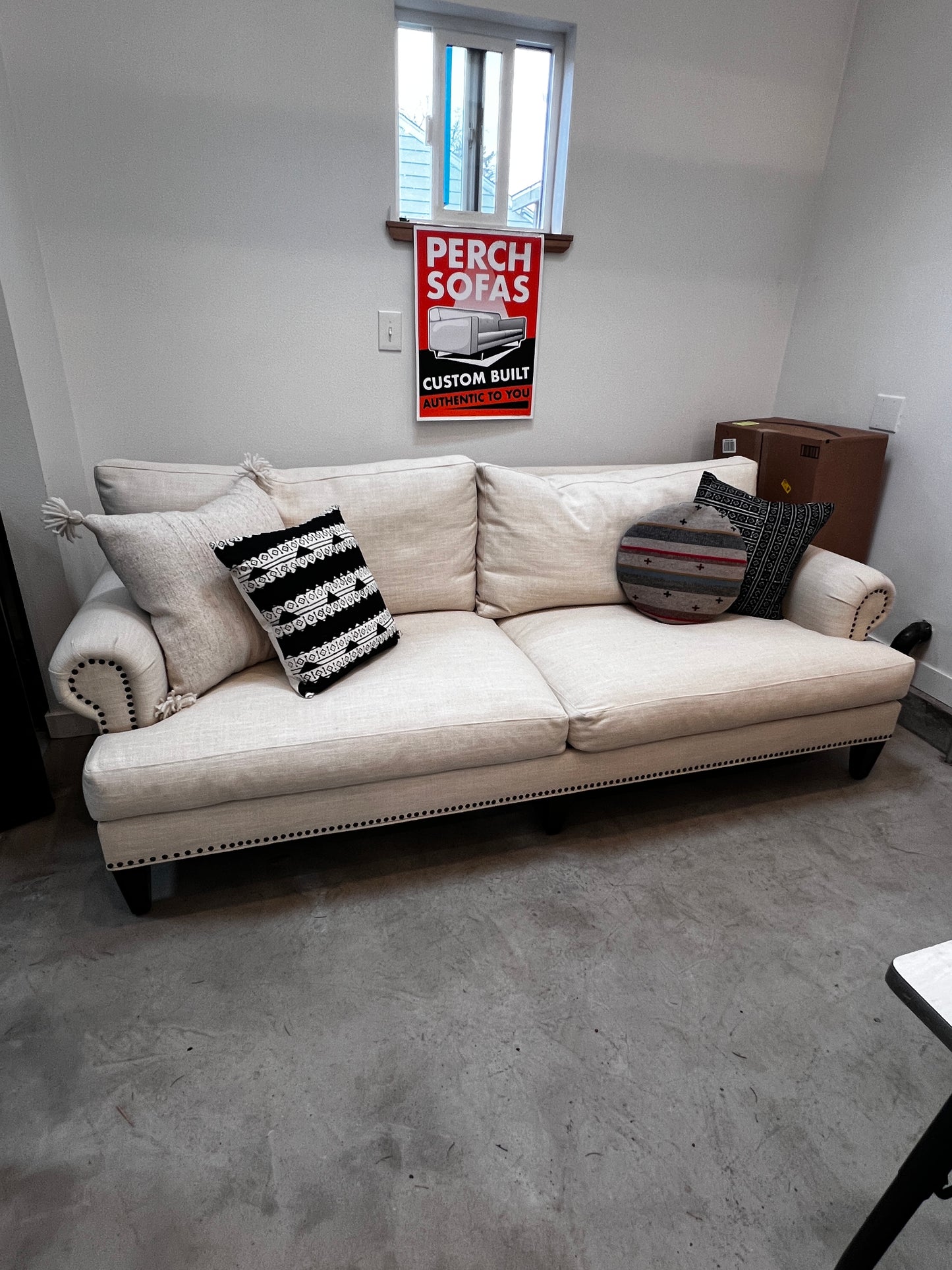Perch Furniture White Linen Sofa w/Nailhead Details PFP229-2