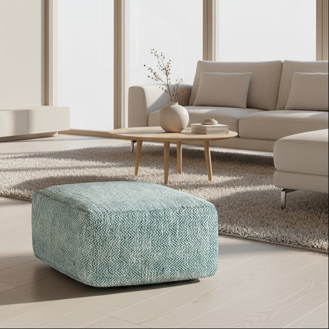 Nate Boho Square Pouf in Patterned Teal Melange Cotton FFW-845
