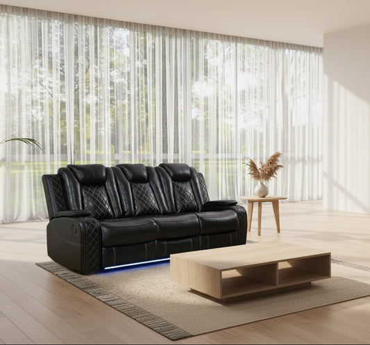 Vegan Black Leather Power Reclining Living Room 3 seat Sofa FFE-1235