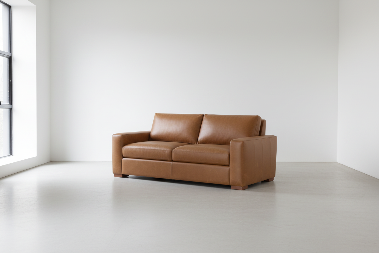 BenchMade Modern 80" Skinny Fat Caramel Brown Leather Sofa Couch FFE-1390
