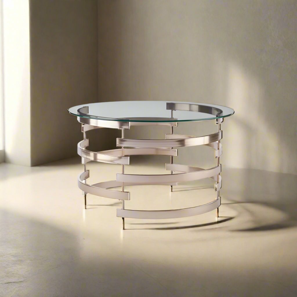 HomeRoots Round Glass Top and Silver Metal Coffee Table FE258-218