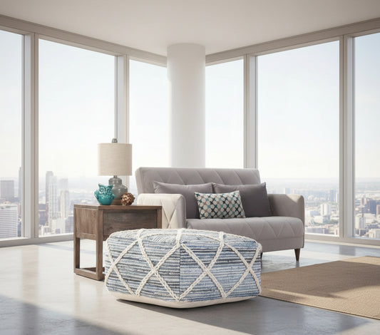 Cowan Boho Square Pouf in Blue, Natural Handloom Woven (2 avail) FFW-856