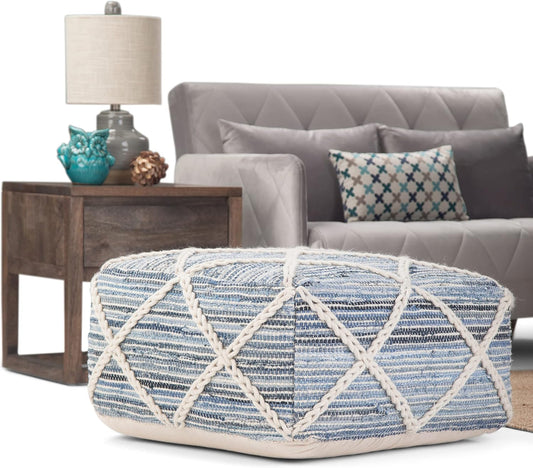 Cowan Boho Square Pouf in Blue, Natural Handloom Woven FFW258-637