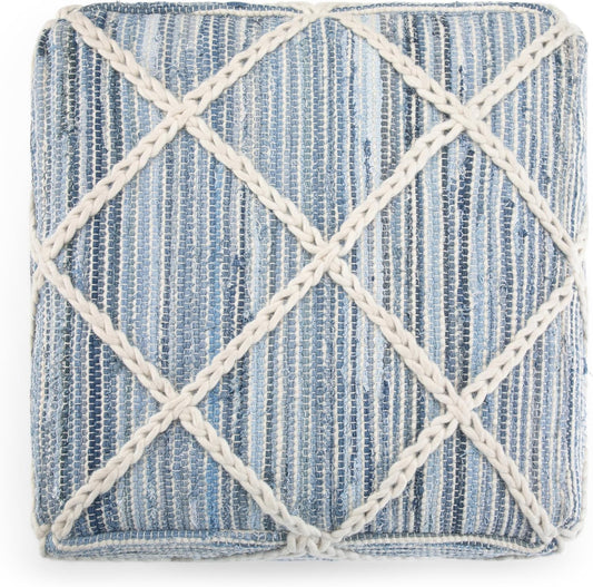 Cowan Boho Square Pouf in Blue, Natural Handloom Woven FFW258-637