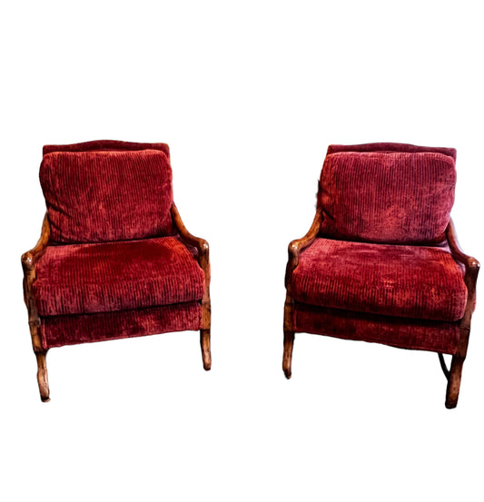 Pair of Large Provence Plush Burgundy Chenille & Mahogany Chairs DG233-06