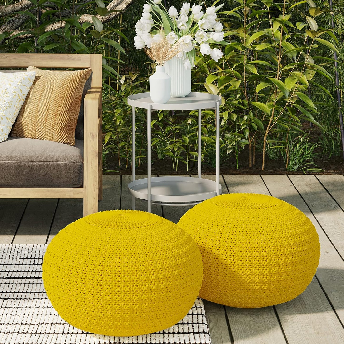 Sonata Boho Round Knitted Outdoor/ Indoor Pouf in Yellow Recycled PET Polyester FFW-841