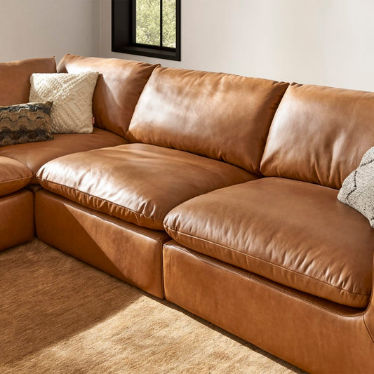 Castlery Dawson Leather Corner Sofa Couch & Ottoman Cocoa Brown FFE258-362