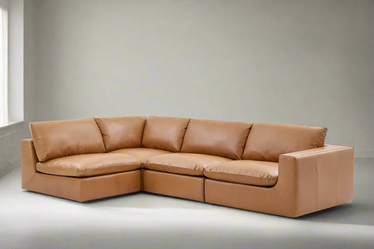 Castlery Dawson Leather Corner Sofa Couch & Ottoman Cocoa Brown FFE258-362