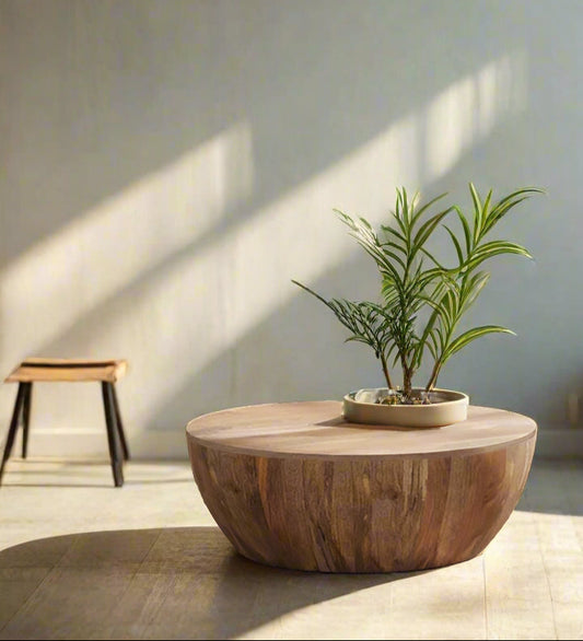 Elmbrook Solid Mango Wood 34" Round Natural Drum Coffee Table FFW258-716