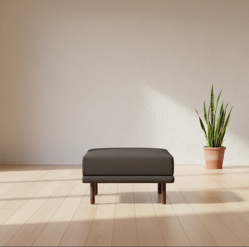 Burrow Grey Performance Flatweave Walnut Wood Range Ottoman FFW-1448