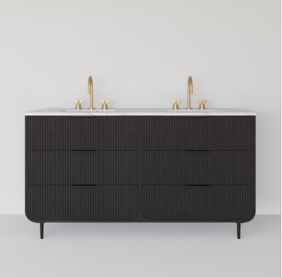 Highbury Furnishings Bern Reeded Black Oak Double Sink Bathroom Vanity Engineered Marble Countertop FFE-1278
