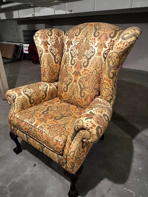 Pair of 2 Oversized Gold Upholstered Queen Anne Wingback Chairs LC243-2