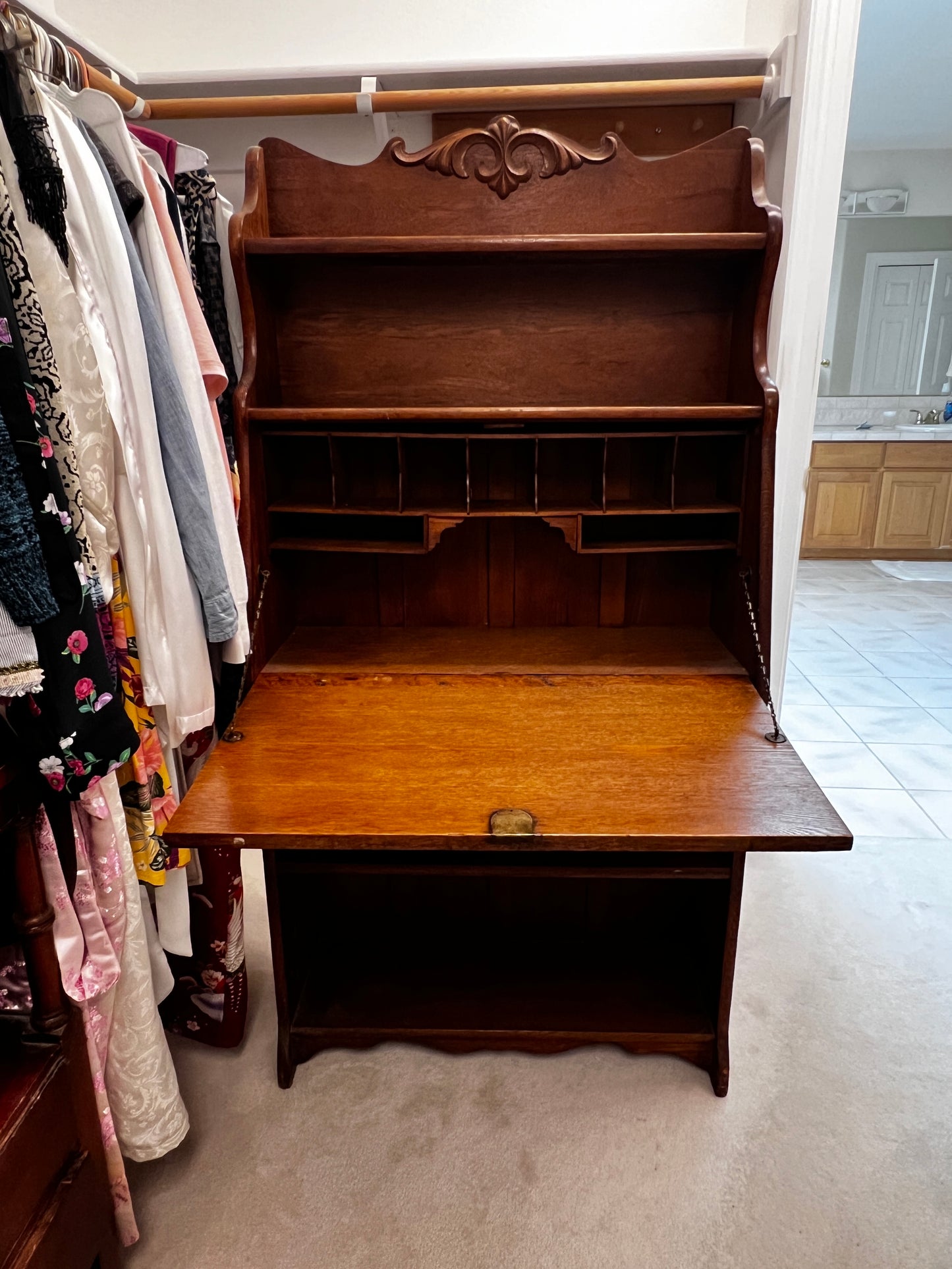 Antique Wood Drop Down Secretary Desk Shelving JA254-1