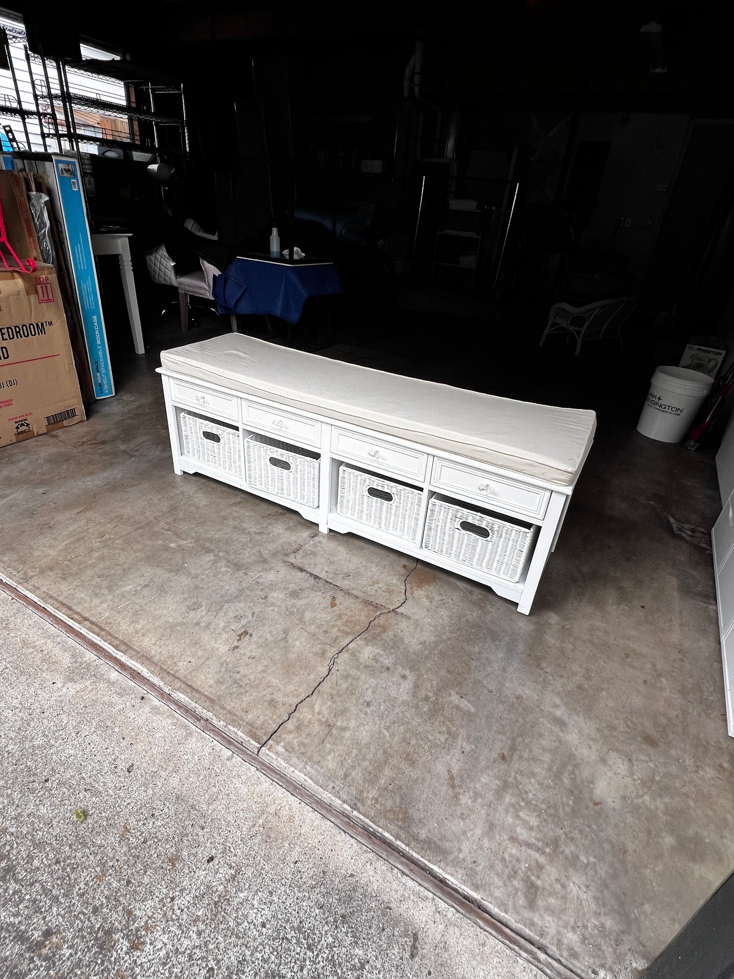 White Storage Bench with Drawers & Cubbies w/Baskets & Top Cushion WM249-10