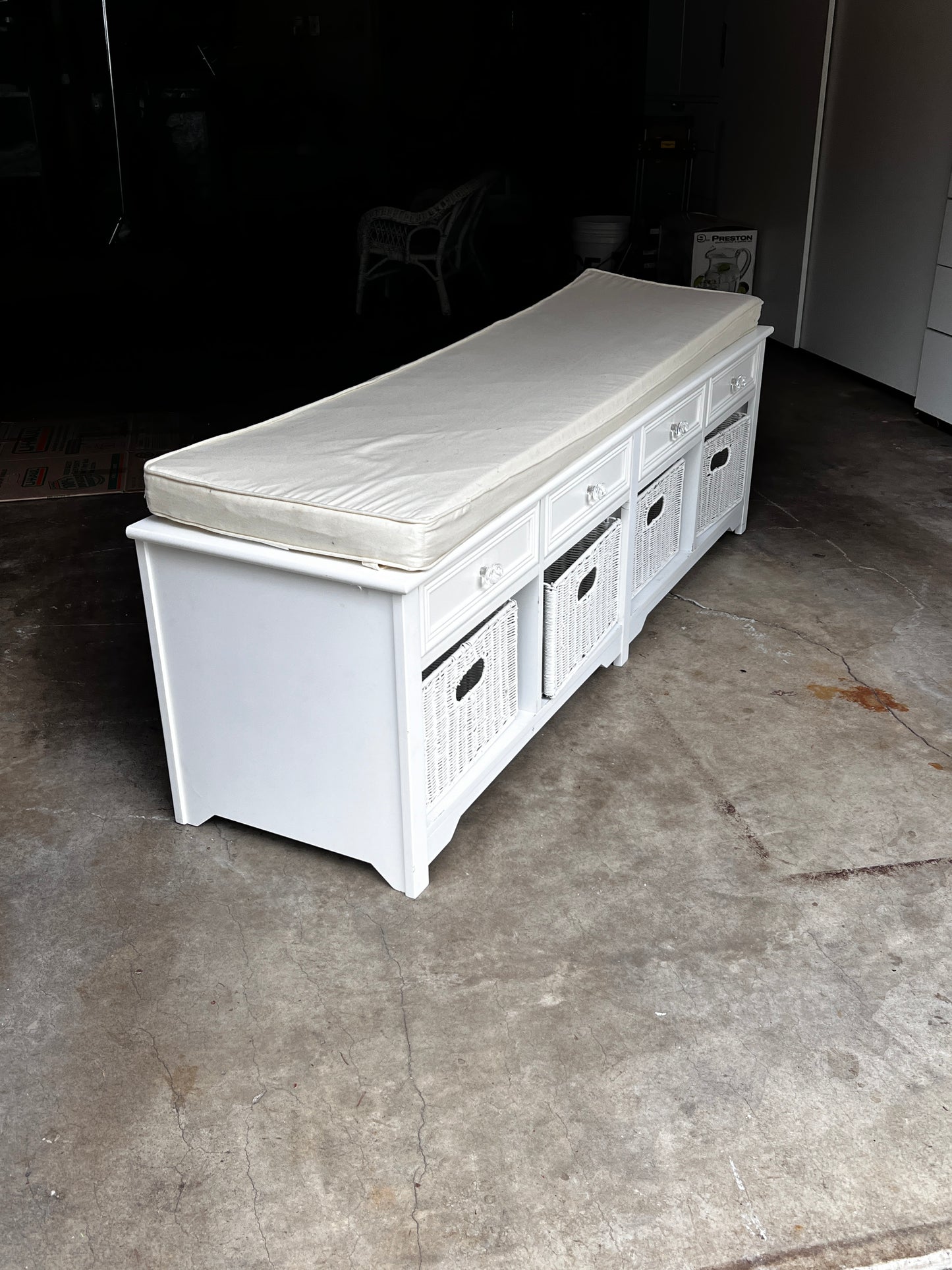 White Storage Bench with Drawers & Cubbies w/Baskets & Top Cushion WM249-10