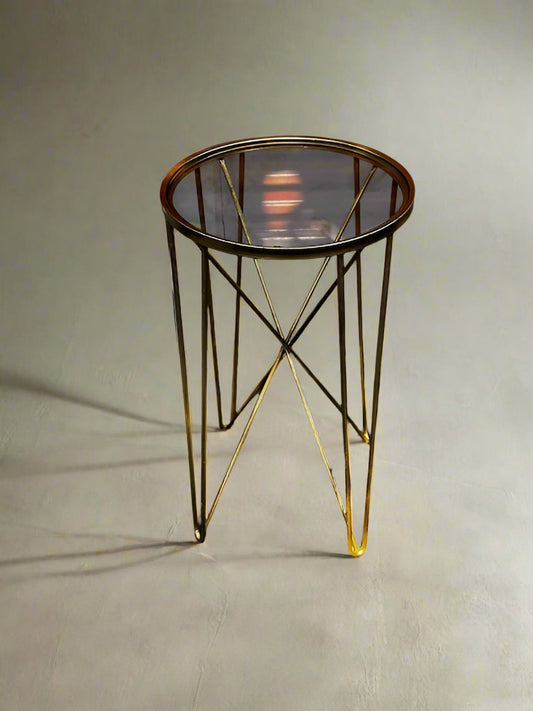 Glass Round Top Gold Base Side  Art Deco Table w/Hairpin Metal Legs JG264-8