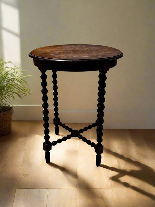 Antique Oak Wood Round Side\End Table w/Barley Turned Twist Legs MF269-3