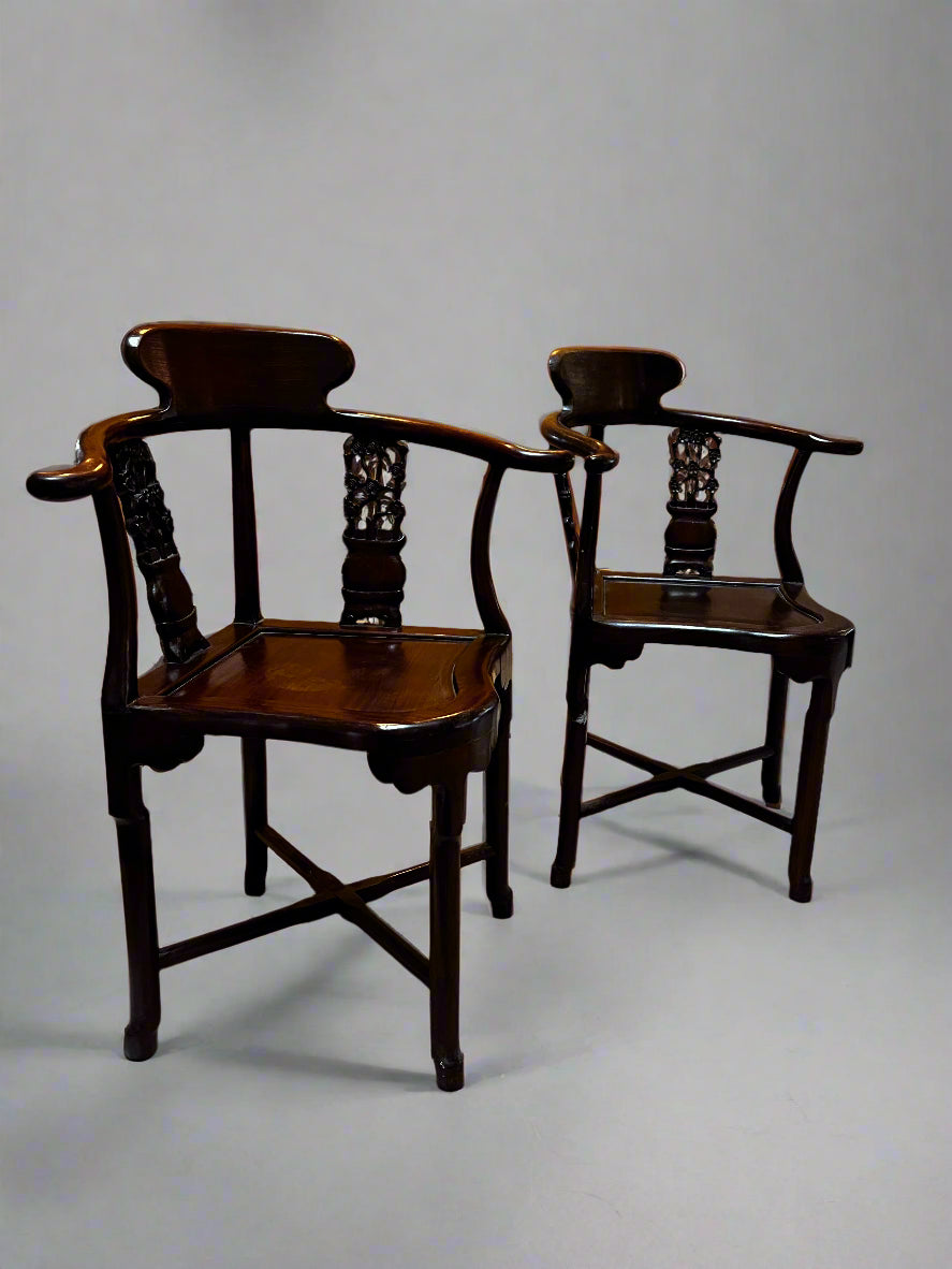 Pair of 2 Carved Asian Chinese Rosewood Corner Chairs MF269-15