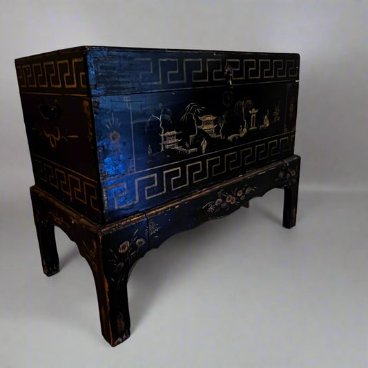 Black Lacquer Hand Painted Chinoiserie Chest w/Stand BG273-2