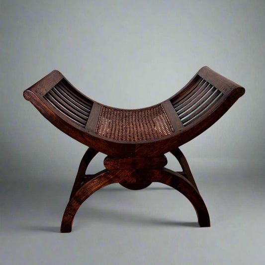 Vintage Wooden Curule Caned Seat Bench BG273-16