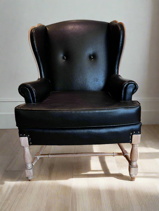 Black Leather Wing Chair w/Carved Wood Frame & Brass Details  BG273-22