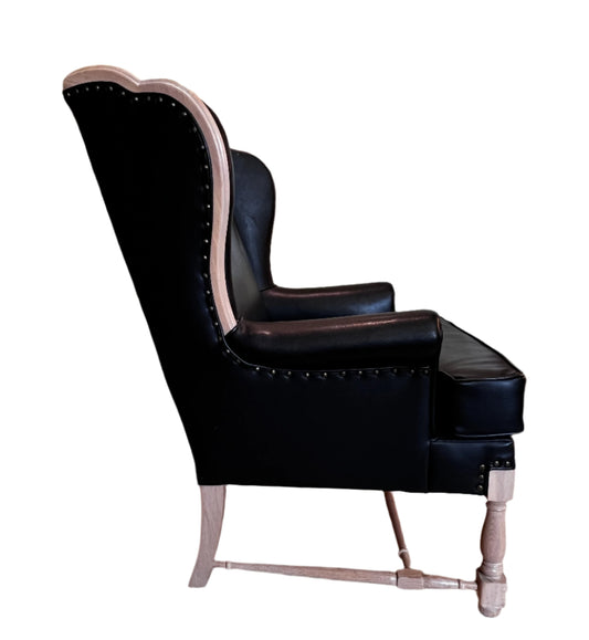 Black Leather Wing Chair w/Carved Wood Frame & Brass Details  BG273-22