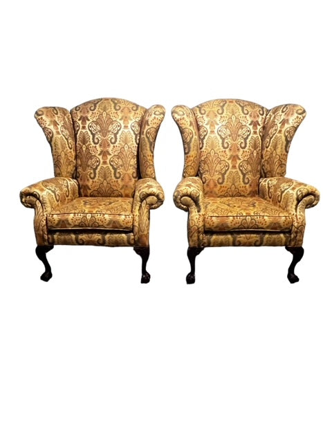 Pair of 2 Oversized Gold Upholstered Queen Anne Wingback Chairs LC243-2