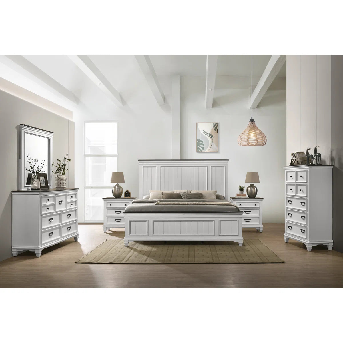 Laurel Foundry Modern Farmhouse Semaj Wood Bedroom Set w Shiplap Panel King Bed Dresser Mirror Two Nightstands FFE-735