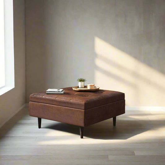 Shay Saddle Brown Vegan Leather Coffee Table Storage Ottoman FFW258-588