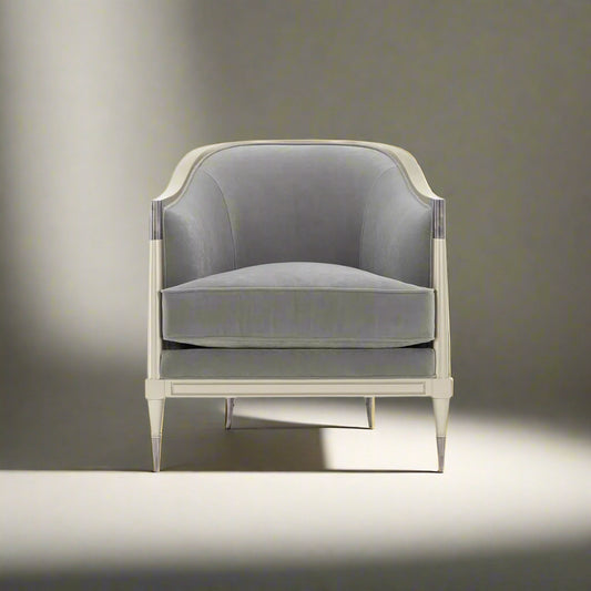 Caracole Splash Of Flash French Grey Upholstered Silver Birch Barrel Chair (2 Avail) MB1-14