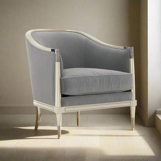 Caracole Splash Of Flash French Grey Upholstered Silver Birch Barrel Chair (2 Avail) MB1-14